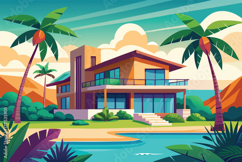 Modern beach house surrounded by palm trees and lush greenery near the ocean