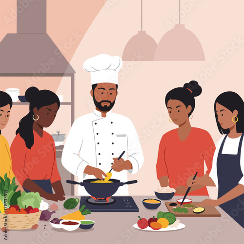 Diverse group learning to cook from a chef in a bright kitchen, filled with ingredients