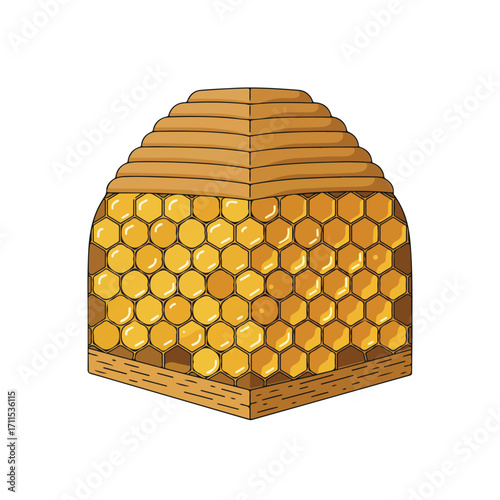 Geometric cartoon of a honeycomb structure with a wooden top and bottom in brown and gold