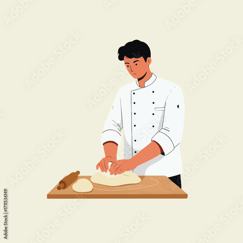 Baker kneading dough on a wooden board; wearing a chef's uniform, neutral background