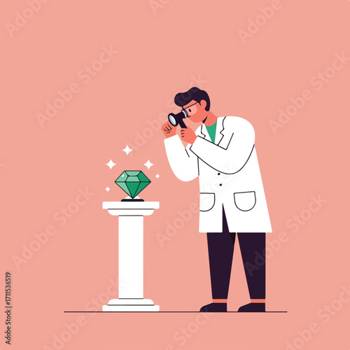 Cartoon scientist inspects a large emerald gem atop a pedestal with a magnifying glass