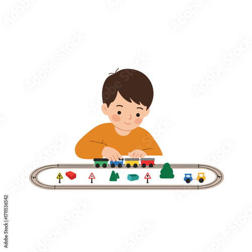 Boy with orange shirt playing with colorful toy trains on a track, simple cartoon illustration