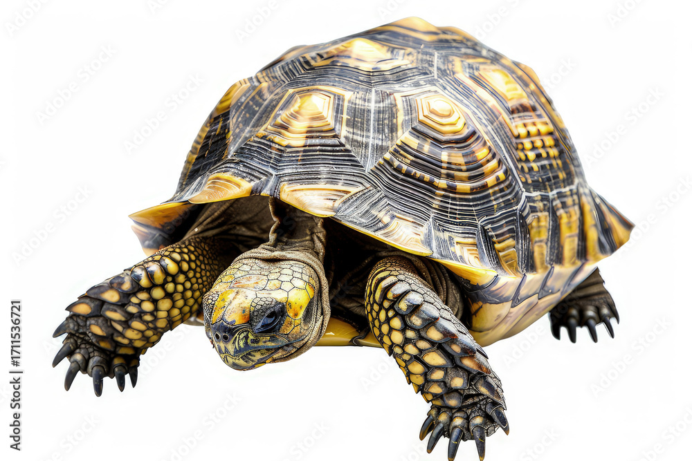 Obraz premium A detailed image of a tortoise showcasing its unique shell patterns and textures. isolated on white background