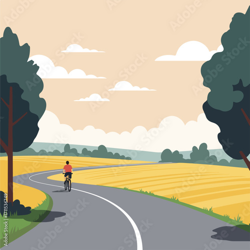 Cyclist on winding road through golden fields, under a pastel sky with trees