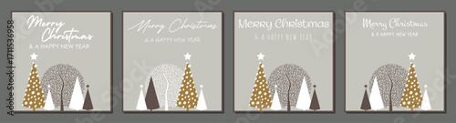 set of square winter christmas cards printable and for social media stories, collection of abstract vector gold and grey templates with snow and fir trees and merry christmas greetings