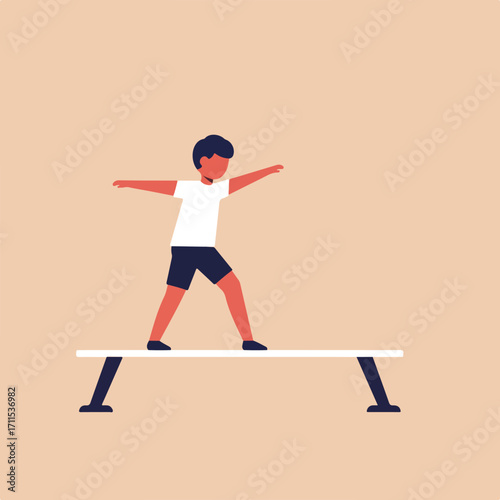 Boy balances on a beam, stretching arms, on peach background, stylized minimalist design