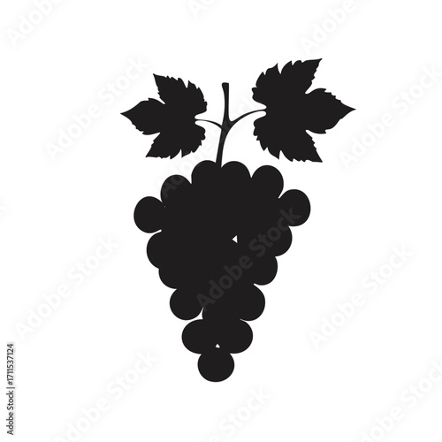 Black silhouette of a large bunch of grapes with two leaves Keywords: grapes, bunch, fruit, food