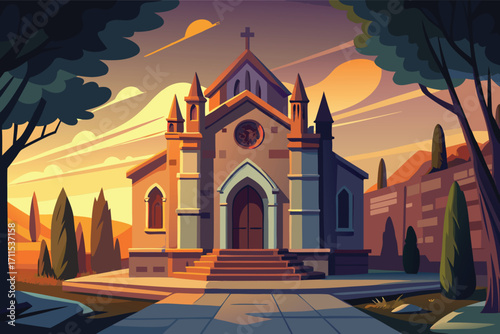 Charming church at sunset with vibrant colors and serene landscape in a peaceful setting