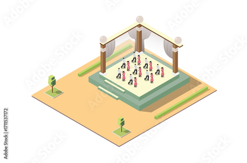Isometric Illustration of a Music Event stage wih people dance, 3d Concept Isometric View of Concert Party Background and Stage Landscape.
