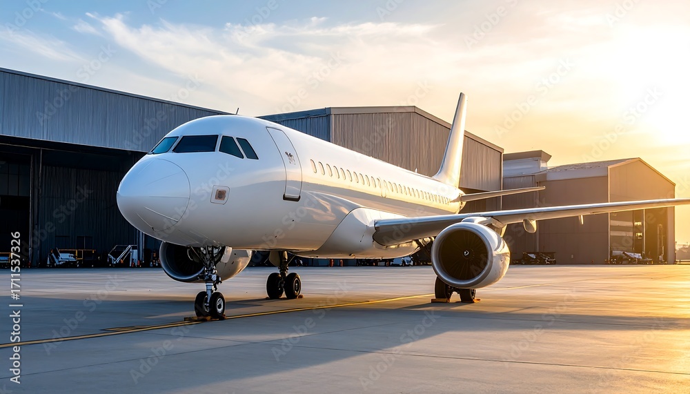 Obraz premium White jet at sunset hangar