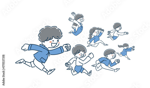 目標に向かって走る子供たちのシンプルでおしゃれな線画イラスト素材