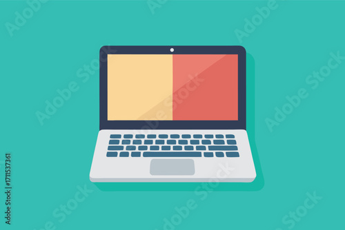 Laptop with split screen design showcasing bright yellow and red sections for modern digital workspace