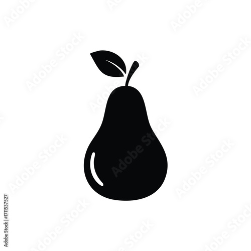 Black silhouette of a pear with a leaf on a white background