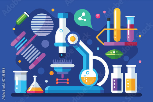 Colorful illustration of a microscope with laboratory equipment and chemical reactions in a science setting