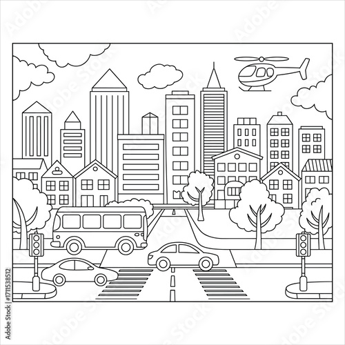Cityscape Coloring Page for Kids, Urban Buildings and Vehicles Vector Illustration