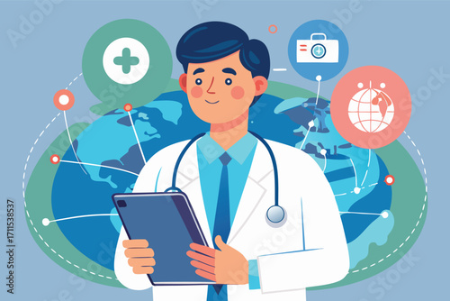 Doctor with tablet standing in front of a world map and health icons in a modern design