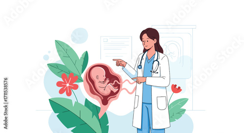 Adobe illustrator artwork vector illustration. A female doctor with a stethoscope points to a diagram of a fetus in a womb, surrounded by lush green leaves and red flowers