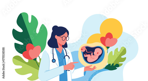 Adobe illustrator artwork vector illustration. A female doctor with a stethoscope points to a diagram of a fetus in a womb, surrounded by lush green leaves and red flowers