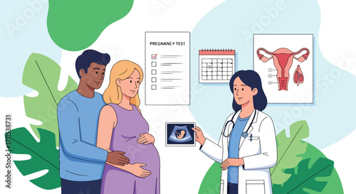 Adobe illustrator artwork vector illustration. A pregnant woman and her partner receive an ultrasound image from a friendly female doctor in a medical consultation room