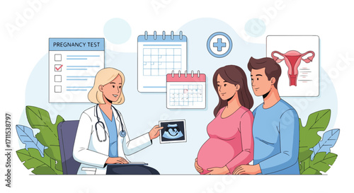 Adobe illustrator artwork vector illustration. A pregnant woman and her partner receive an ultrasound image from a friendly female doctor in a medical consultation room