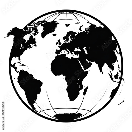 Black and White Globe Illustration Showing World Map