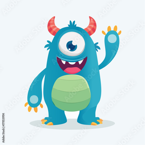 Friendly blue one-eyed monster waving hello with horns.