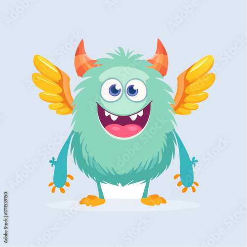 Cartoon illustration of a cute, fluffy, turquoise monster with orange horns and yellow wings, smiling happily.