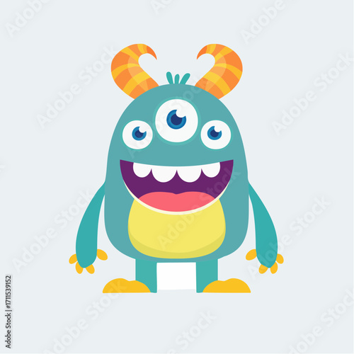 Cheerful three-eyed monster cartoon character with orange horns, smiling broadly.