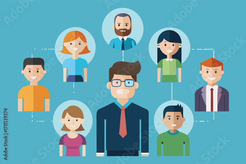 Group of diverse people connected by relationships in a digital network illustration