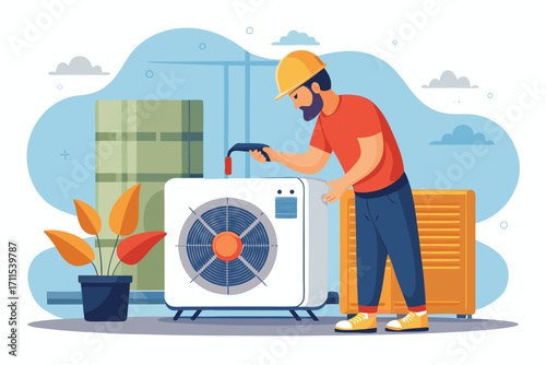 Technician repairs air conditioning unit in a modern indoor setting with plants and storage