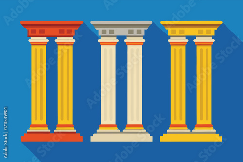 Three colorful ancient style columns displayed against a blue background in a flat design style for graphic use