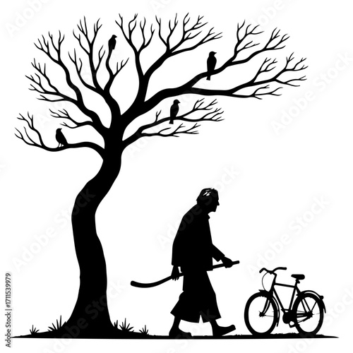 Old Man Silhouette Walking under a tree