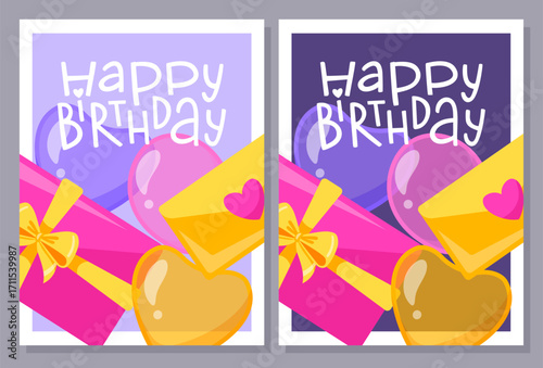 Two Birthday cards with gift boxes, air ballons and the text Happy Birthday. for birthday and festive design.