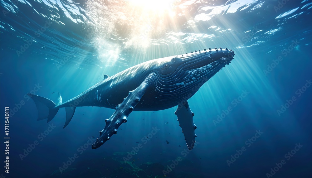 Fototapeta premium Whale swimming underwater, sun rays
