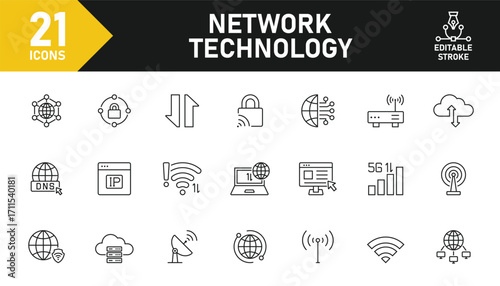 Network Technology line icon set. Set of 21 outline icons related to network, online, internet, wifi and hotspot, cloud, server and others. Editable stroke. Vector illustration.
