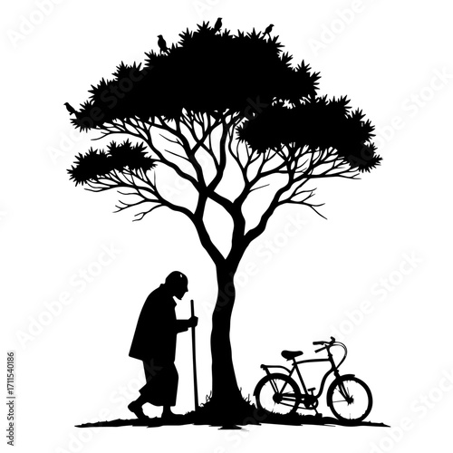 Old Man Silhouette Walking under a tree