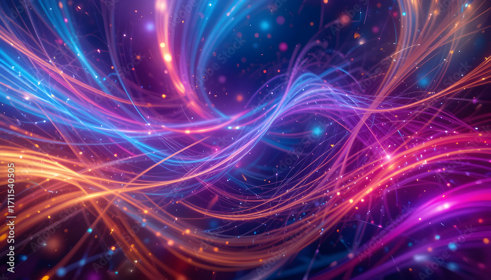 Fototapeta premium Vibrant neon light trails swirl and dance with sparkling particles, creating a dynamic, energetic, and futuristic abstract background perfect for modern design projects and digital celebrations.