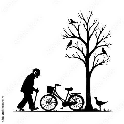 Old Man Silhouette Walking under a tree