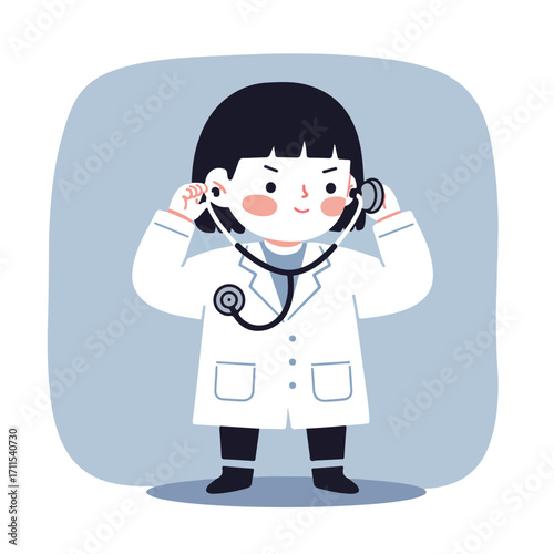Child doctor illustration, white lab coat, stethoscope on a soft blue background