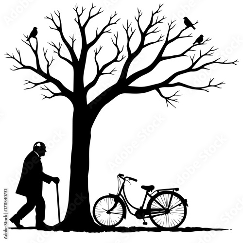 Old Man Silhouette Walking under a tree