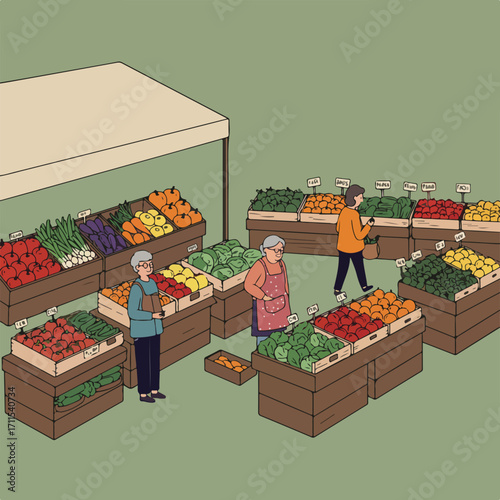 Cartoon market scene, showcasing fresh produce, vendors, shoppers, and a canopy