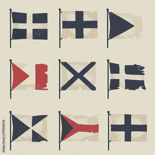 Nine nautical signal flags are displayed on poles against a muted background with weathered texture