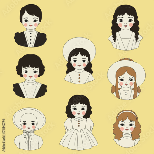 Seven cute vintage girls with rosy cheeks, wearing dresses or hats, on a yellow backdrop