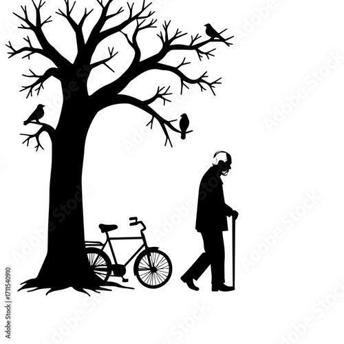 Old Man Silhouette Walking under a tree