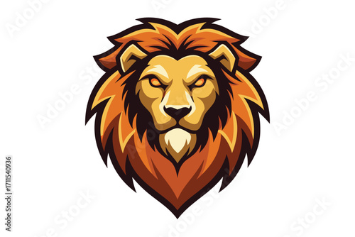 Fierce lion head illustration with bold orange mane and intense expression suitable for logos and designs