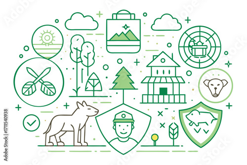 Nature conservation symbols and elements representing outdoor activities and wildlife protection