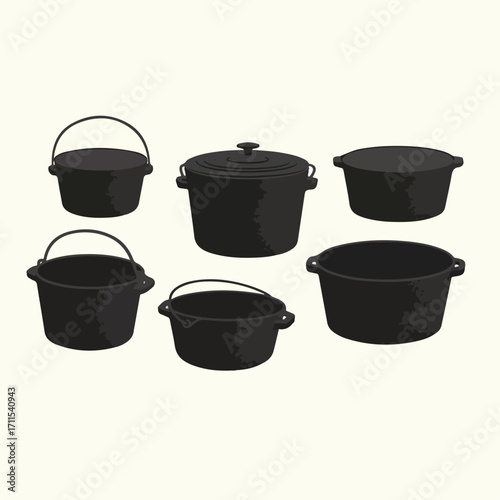 Six black stylized iron cooking pots, in various shapes, displayed against a cream background