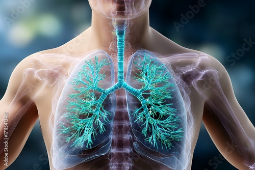 Transparent human torso showing detailed respiratory system anatomy with lungs and bronchi