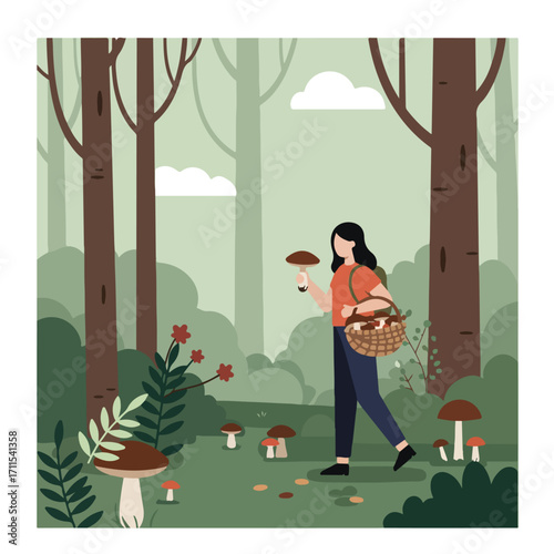 An illustration of a woman foraging mushrooms in a forest, carrying a basket