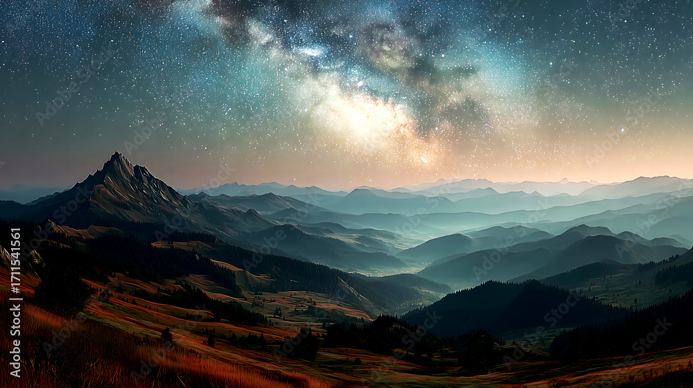 Obraz premium Mountain Landscape Under Milky Way: Natural Wonder with Starlight and Layered Mountains Intertwined